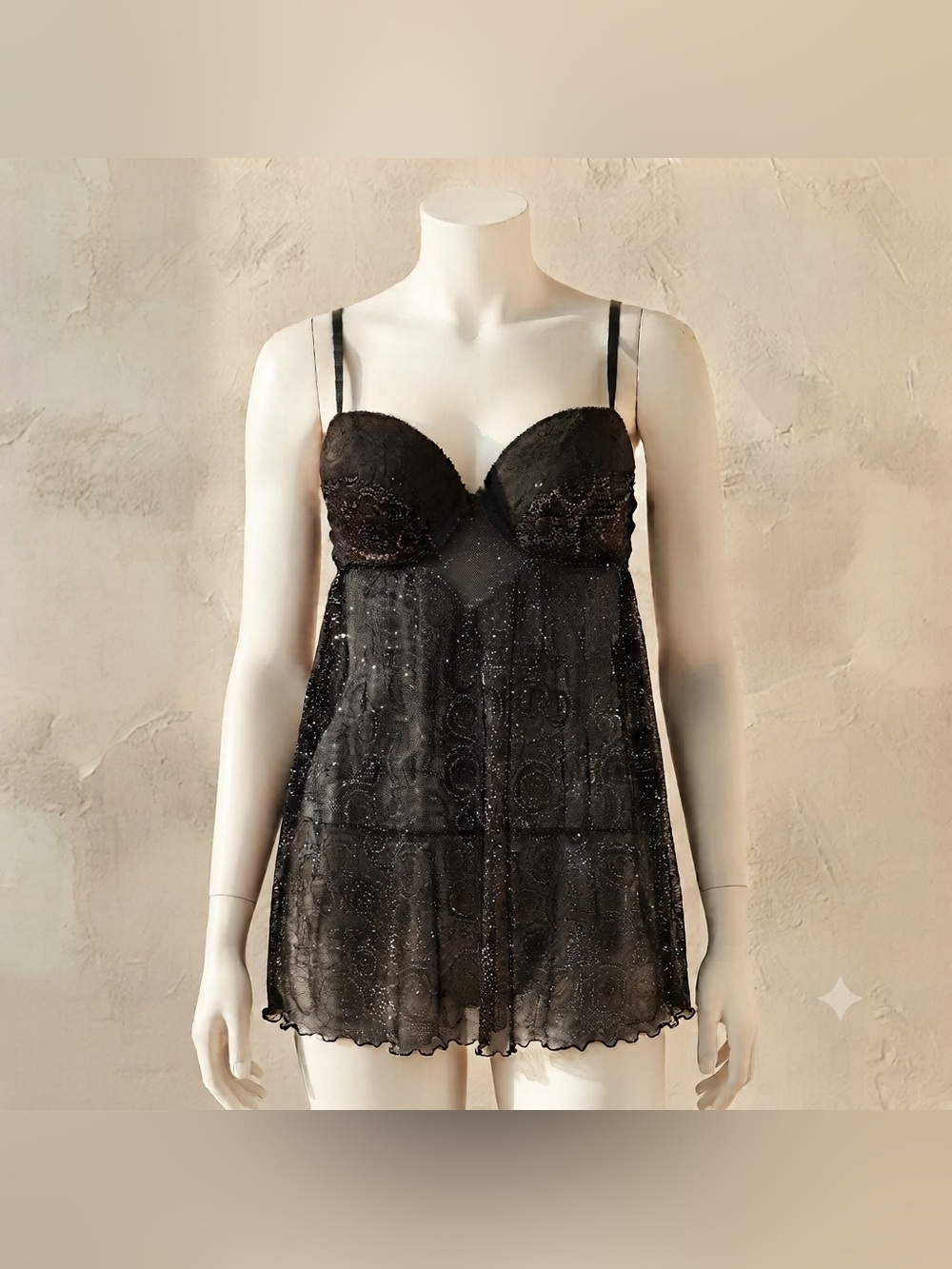 Jacob Black Sheer Babydoll Lingerie Bra Top V Neck Adjustable Straps Size Small